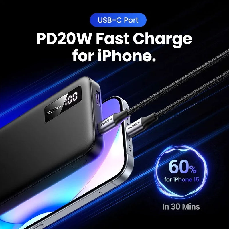 UGREEN PB311 Externe Batterie, 10000mAh, 22.5W, QC + PD, 1 x USB-C - 2 x USB-A, Schwarz