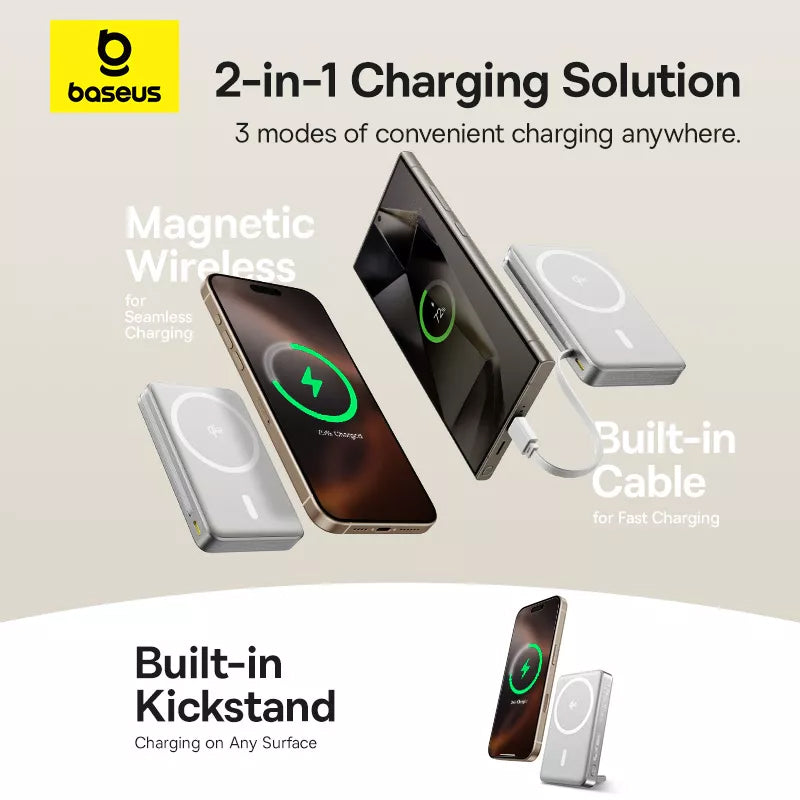 Externer Wireless-Akku Baseus Nomos Kickstand, 10000mAh, 45W, PD + QI, 1 x QI - 1 x USB-C, Schwarz P10078800843-00