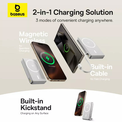 Externer Wireless-Akku Baseus Nomos Kickstand, 10000mAh, 45W, PD + QI, 1 x QI - 1 x USB-C, Schwarz P10078800843-00