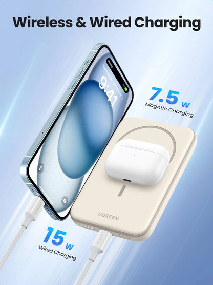 UGREEN PB560 Batterie externe sans fil, 5000mAh, 15W, PD + QI, 1 x QI - 1 x USB-C, Beige 