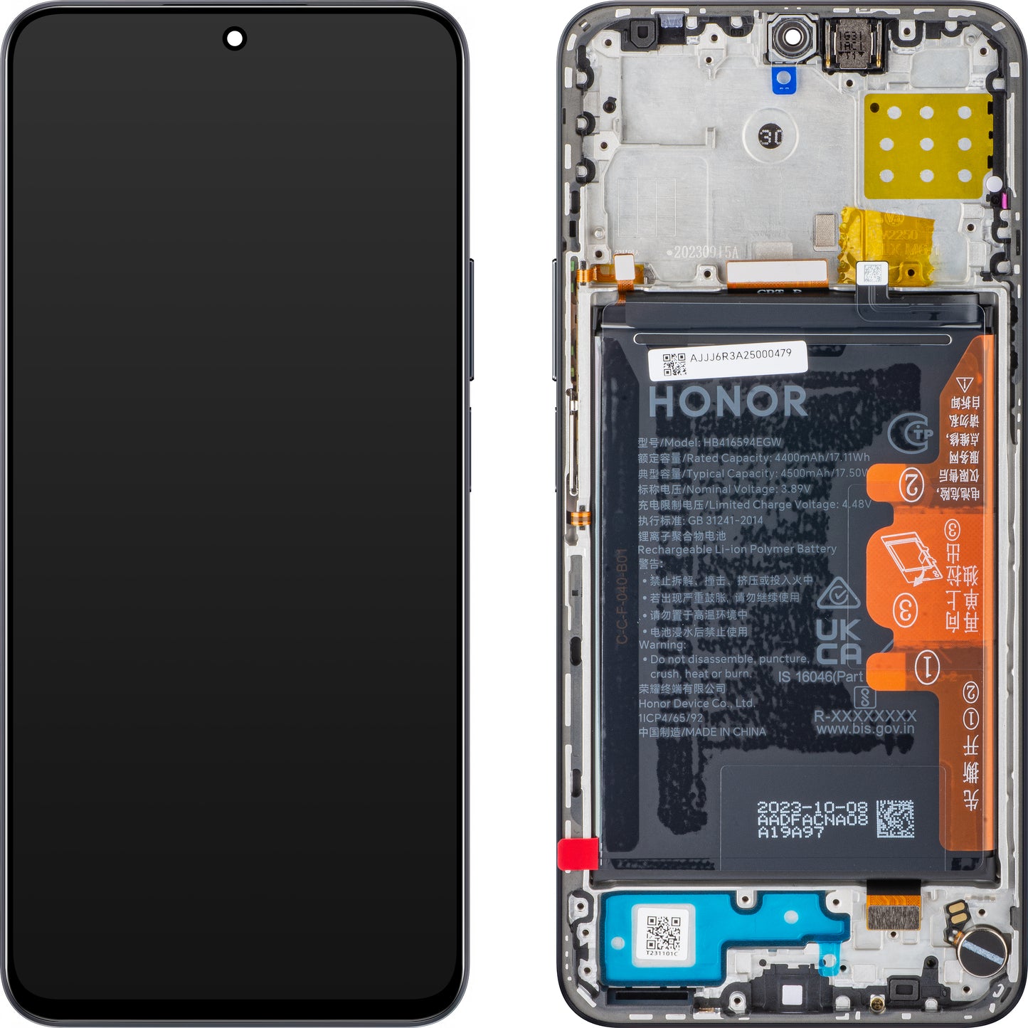 Display mit Touchscreen Honor 90 Lite / X8a, mit Rahmen und Akku, Schwarz (Midnight Black), Service Pack 0235AEUH 